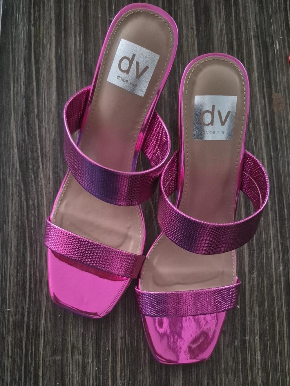DV by Dolce Vita Hot Pink Metallic Double-Strap Slide Mules Size 7.5
